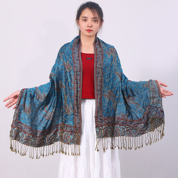 Bufanda Jacquard de Cachemira Clásica Multiusos con Flecos de Anacardo