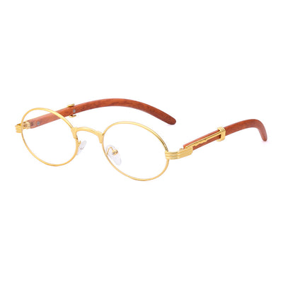 Retro oval sunglasses with gold metal frames and dark wood-like temples, featuring gradient black lenses. - Image 18