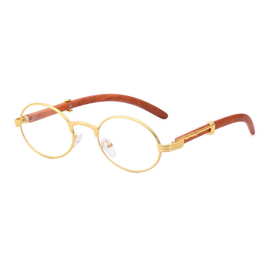 Retro oval sunglasses with gold metal frames and dark wood-like temples, featuring gradient black lenses. - Image 18