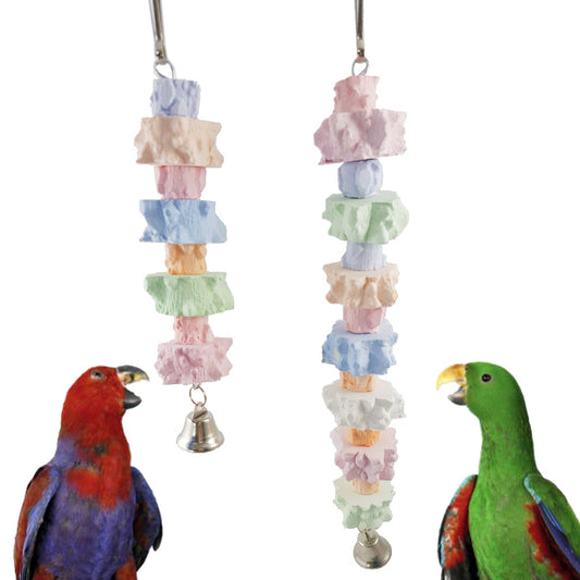 Colorful pepper stone molar string toy for birds, featuring pastel blocks and a metal bell at the bottom.