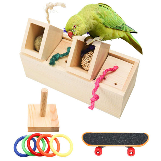 Wooden bird puzzle training toy set with a treat box, mini skateboard, and colorful ring toss game. - Image 2