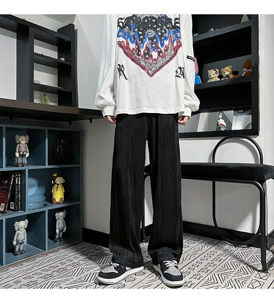 Pantalones Casuales Anchos de Seda Helada con Drapeado Suelto para Hombre - Image 10