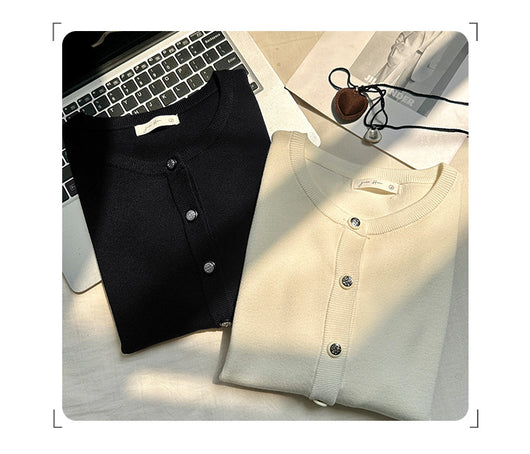 Cardigan Tejido Cuello Redondo Manga Corta Estilo Francés - Image 13