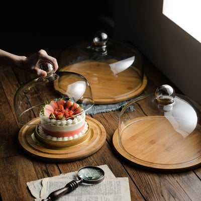 Campana de Vidrio con Bandeja de Bambú para Postres