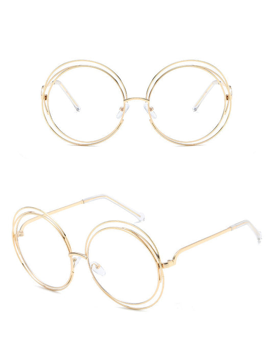 Round metal cutout sunglasses with silver mirrored lenses and a double-rimmed frame, shown from front and angled views. - Image 2
