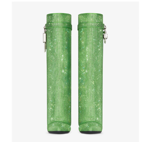 Botas Altas Hasta la Rodilla con Tacón Cuña Súper Alto y Hebilla Tiburón con Strass
