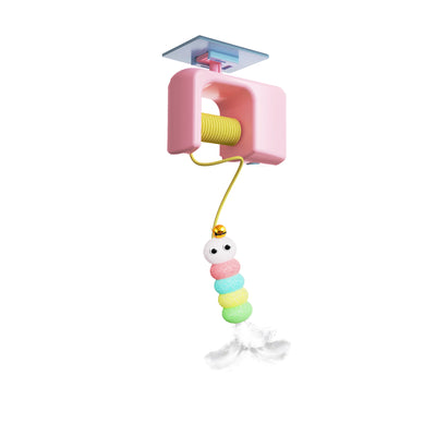 Electric pet cat toy with a blue hanging mechanism, yellow yo-yo string, and a colorful feathered lure. - Image 6