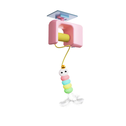 Electric pet cat toy with a blue hanging mechanism, yellow yo-yo string, and a colorful feathered lure. - Image 6