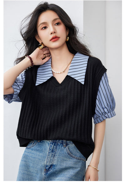 Blusa Esbeltecedora de Dos Piezas con Rayas y Mangas Puff - Image 14