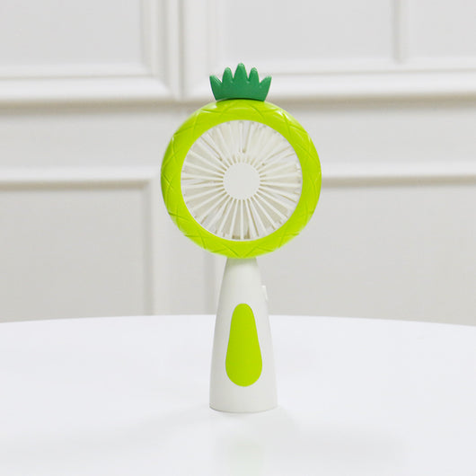 White and lime green children's handheld fan with a round head, small leaf accent, and fruit-like design. - Image 7