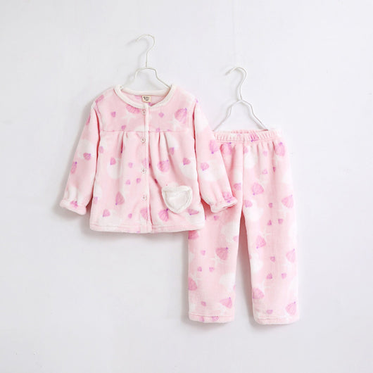 Pink flannel girls' pajamas with seashell and starfish patterns, featuring a button-up top and matching pants. - Image 12