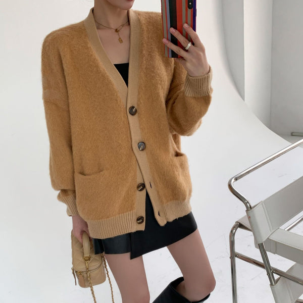 Cardigan V-neck de Mohair con Bolsillos para Mujer