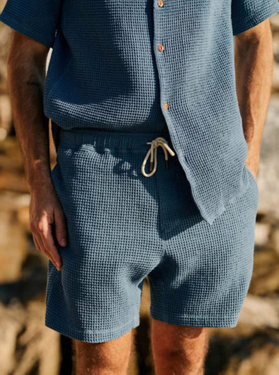 Conjunto de Dos Piezas Hombre: Camisa Suelta Waffle y Shorts Cuello Cubano Francés - Image 10