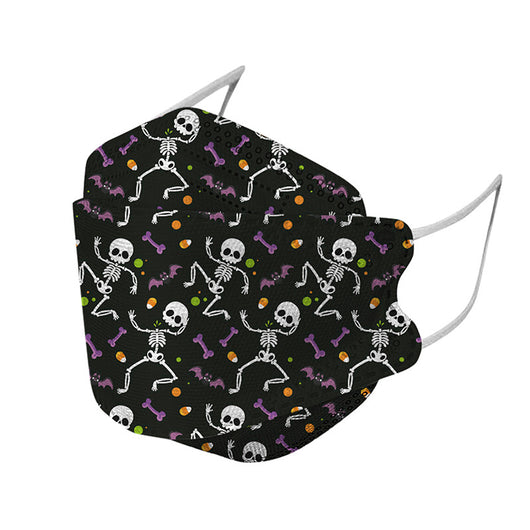 Two black KF94 Halloween masks with a pattern of dancing skeletons, purple bones, bats, and candy corn. - Image 10