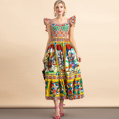 Vestido de Algodón con Estampado Guerrero de Mangas Volantes - Image 8