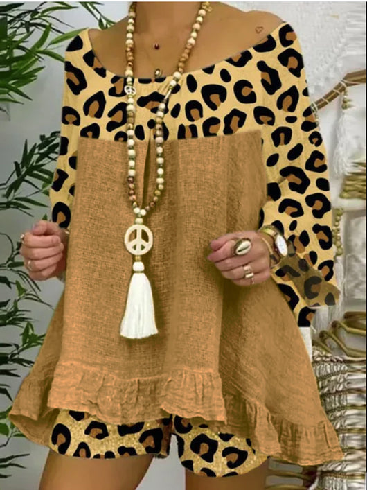 Traje Suelto Talla Grande con Estampado de Leopardo y Costuras Decorativas en Algodón y Lino - Image 12