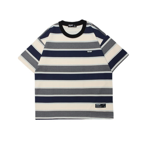 Camiseta Manga Corta Hombre Estilo Japonés a Rayas con Combinación de Colores