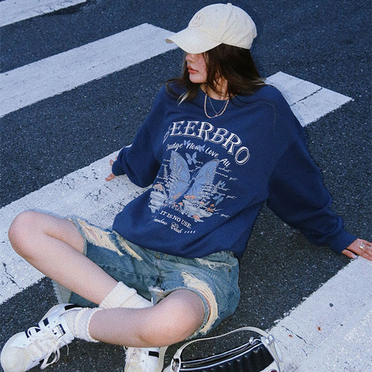 Suéter Pullover Niña con Bordado Mariposas Retro Americano