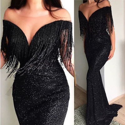 Vestido Largo Negro con Lentejuelas - Escote en V Ajustado - Image 10