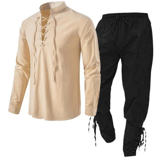 Conjunto de Dos Piezas: Camisa Casual de Lino y Algodón Manga Larga Color Sólido - Image 2