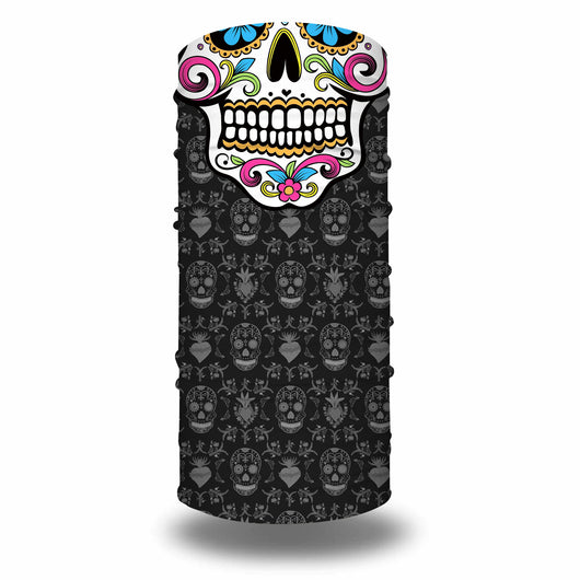 Black and white neck gaiter featuring a detailed skull and spine print, suitable for outdoor sports. - Image 17