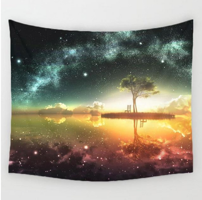 Galactic Vibes Tapestry featuring a surreal landscape with a starry night sky, a lone tree on an island, and a reflective lake.