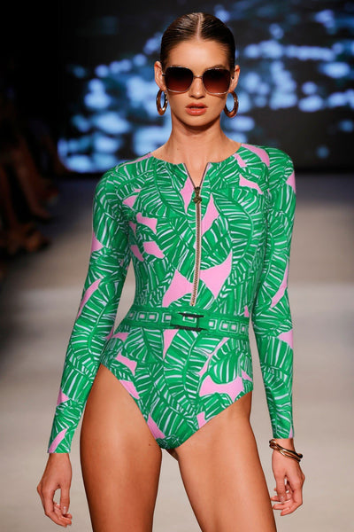 Green and pink tropical leaf print maxi skirt with tiered ruffles and an elastic waistband. - Image 11