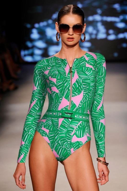 Green and pink tropical leaf print maxi skirt with tiered ruffles and an elastic waistband. - Image 11