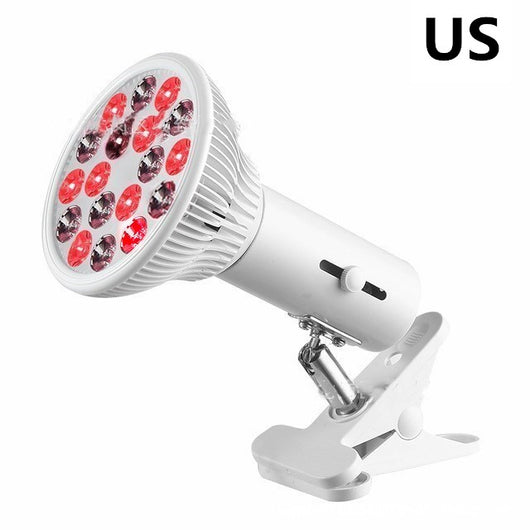 White LED physiotherapy lamp with red and infrared lights, featuring an adjustable head and a sturdy clip-on base for EU use. - Image 9