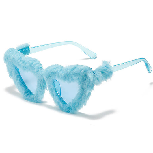 Pink plush heart-shaped sunglasses with light pink tinted lenses and matching pink plastic temples. - Image 14
