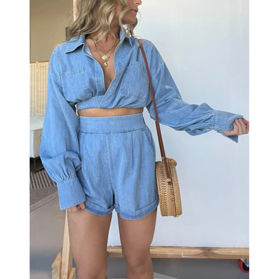 Camisa Denim Mujer Escote en V Manga Larga Premium - Image 3