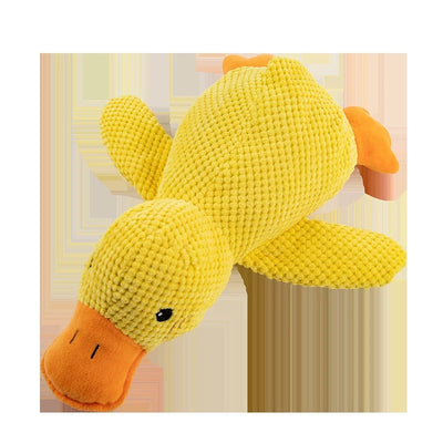 Yellow plush duck dog toy with ribbed texture, orange beak and feet, and black eyes, measuring 25cm long. - Image 4
