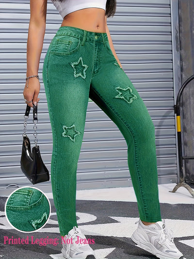 Pantalones Leggings Estilo Denim con Estrellas para Mujer - Corte Acampanado - Image 10