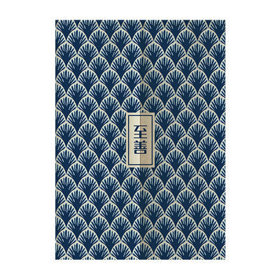 Japanese style partition curtain with blue and beige wave pattern and central panel with Chinese characters. - Image 5