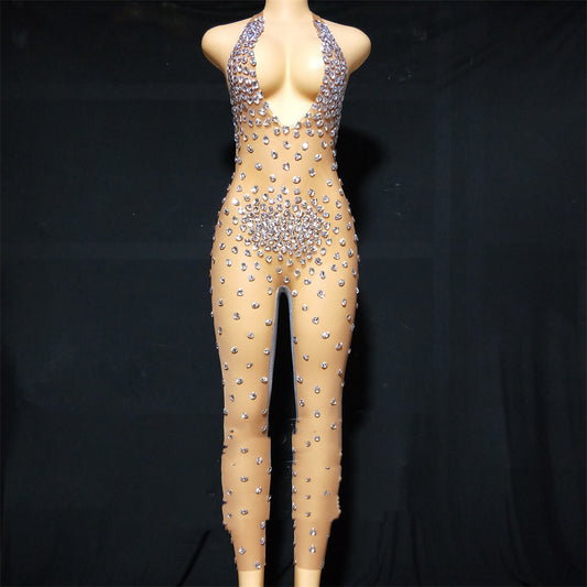 Traje de Presentación Elástico Gris Terciopelo con Cristales Brillantes para Mujer