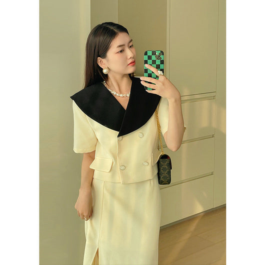 Traje de Solapa Ancha con Patchwork Contrastado y Cintura Alta - Image 9