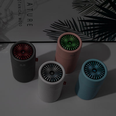 White cylindrical USB rechargeable wireless ultrasonic aromatherapy water mist diffuser lamp with H₂O HUMIDIFIER text. - Image 5