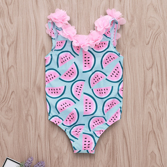 Traje de Baño Infantil con Estampado de Sandía y Encaje Floral
