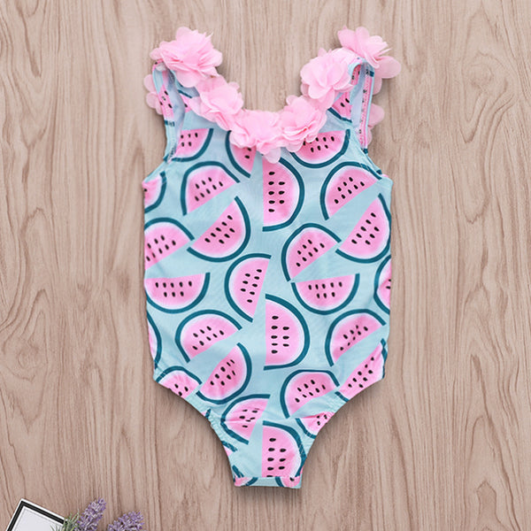 Traje de Baño Infantil con Estampado de Sandía y Encaje Floral