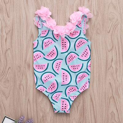 Traje de Baño Infantil con Estampado de Sandía y Encaje Floral