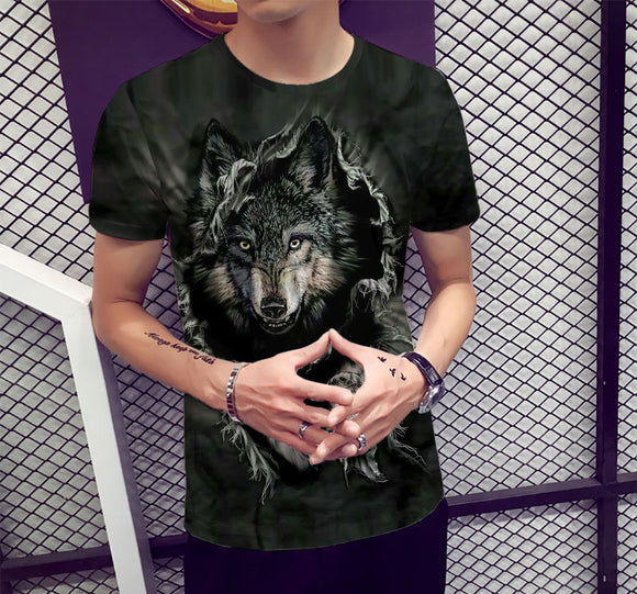 Playera Estampada Wolf 3D Tide Suelta Manga Corta Hombre