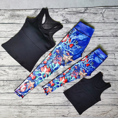 Parent-child dance fitness yoga suit with black tank tops and vibrant pink, orange, and green striped leggings. - Image 2