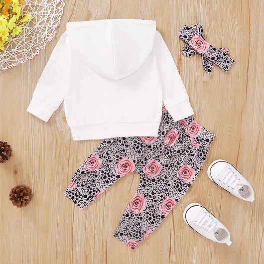 Conjunto de Sudadera con Capucha y Pantalón Blanco para Bebé con Diseño Floral - Image 2
