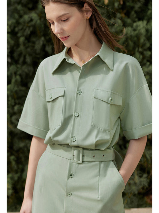 Vestido Camisero Cinturado Mujer Cuello V Estilo Vintage Francés - Image 4