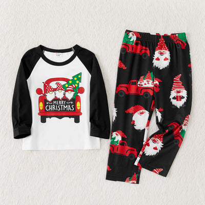White and black raglan long-sleeve Christmas pajama top with red truck and gnome graphic, black gnome print pajama pants. - Image 5
