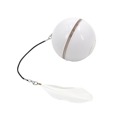 White spherical pet toy with a translucent stripe, featuring a black cord attached to a white feather. - Image 3