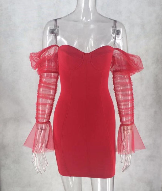 Vestido Falda Roja Verde con Malla en Mangas y Bolsa Cadera - Image 6