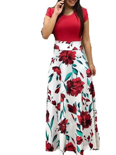 Vestido Largo Estampado Floral con Combinación de Colores Estilo Europeo y Americano