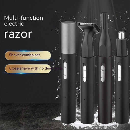 Black multifunctional men's grooming kit with electric shaver, nose hair trimmer, eyebrow trimmer, cleaning brush, and USB cable.