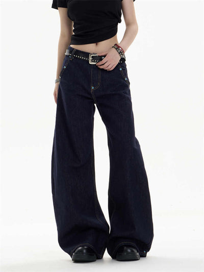 Pantalones Jeans Azul Oscuro Retro Corte Recto Ancho Casual - Image 4